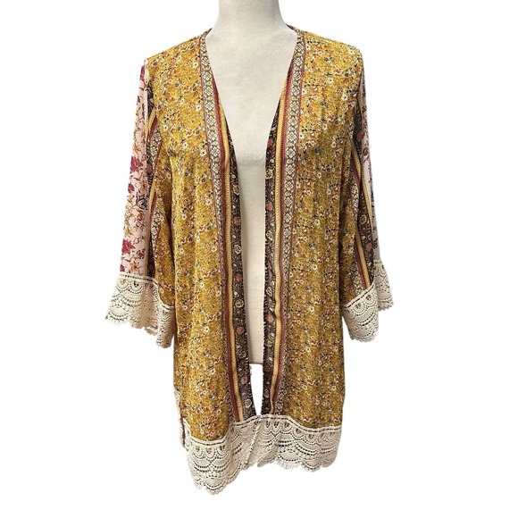 Womens Boho Kimono Top‎ Topper Size M Sheer Cottage Tunic Floral Open Front Boho - Picture 1 of 7
